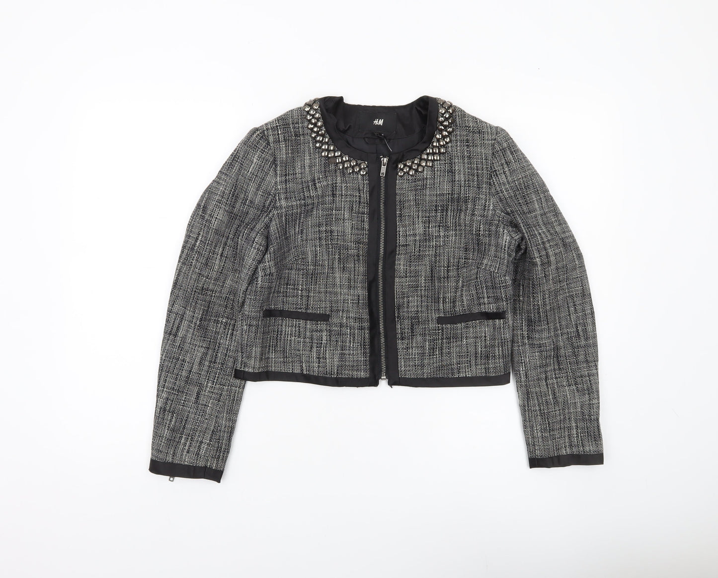 H&M Women’s Grey Tweed Studded Collar Cropped Blazer Size 10