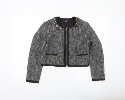 H&M Women’s Grey Tweed Studded Collar Cropped Blazer Size 10