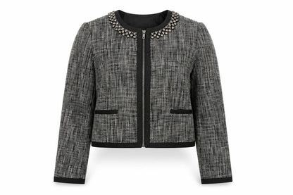 H&M Women’s Grey Tweed Studded Collar Cropped Blazer Size 10