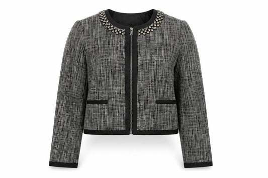 H&M Women’s Grey Tweed Studded Collar Cropped Blazer Size 10