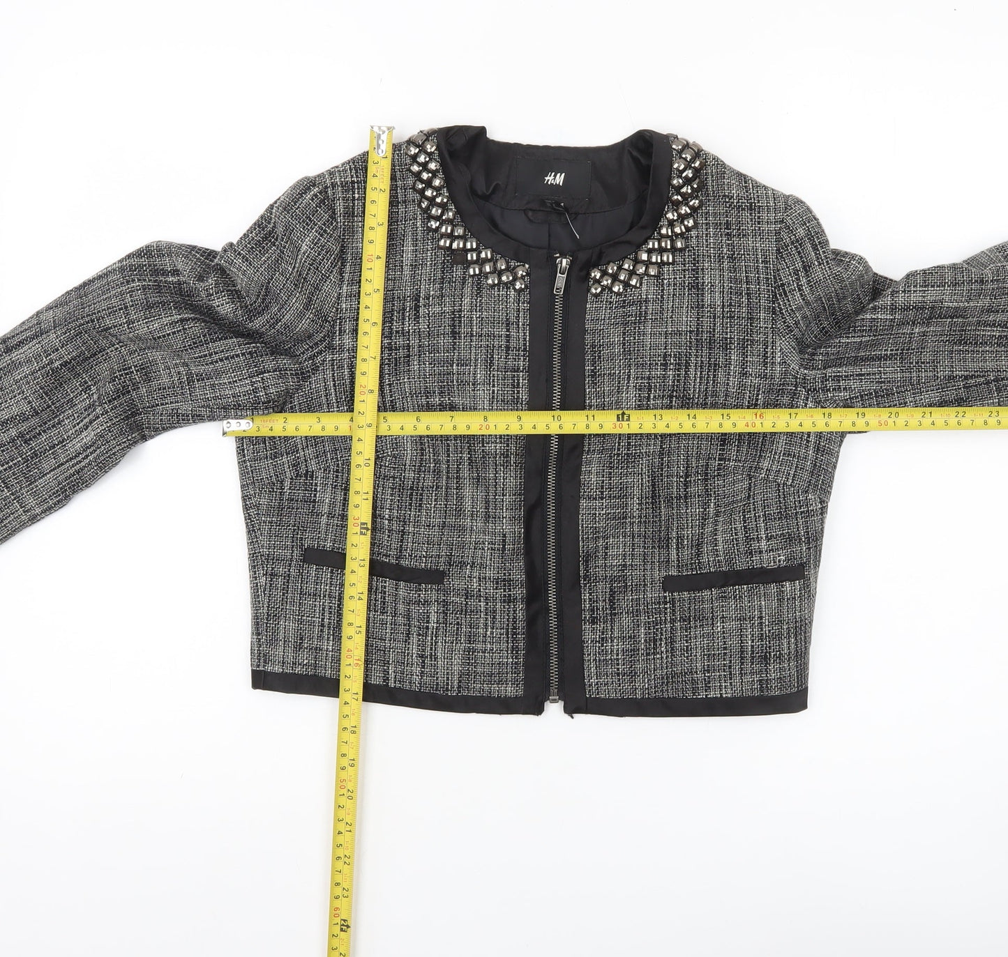 H&M Women’s Grey Tweed Studded Collar Cropped Blazer Size 10
