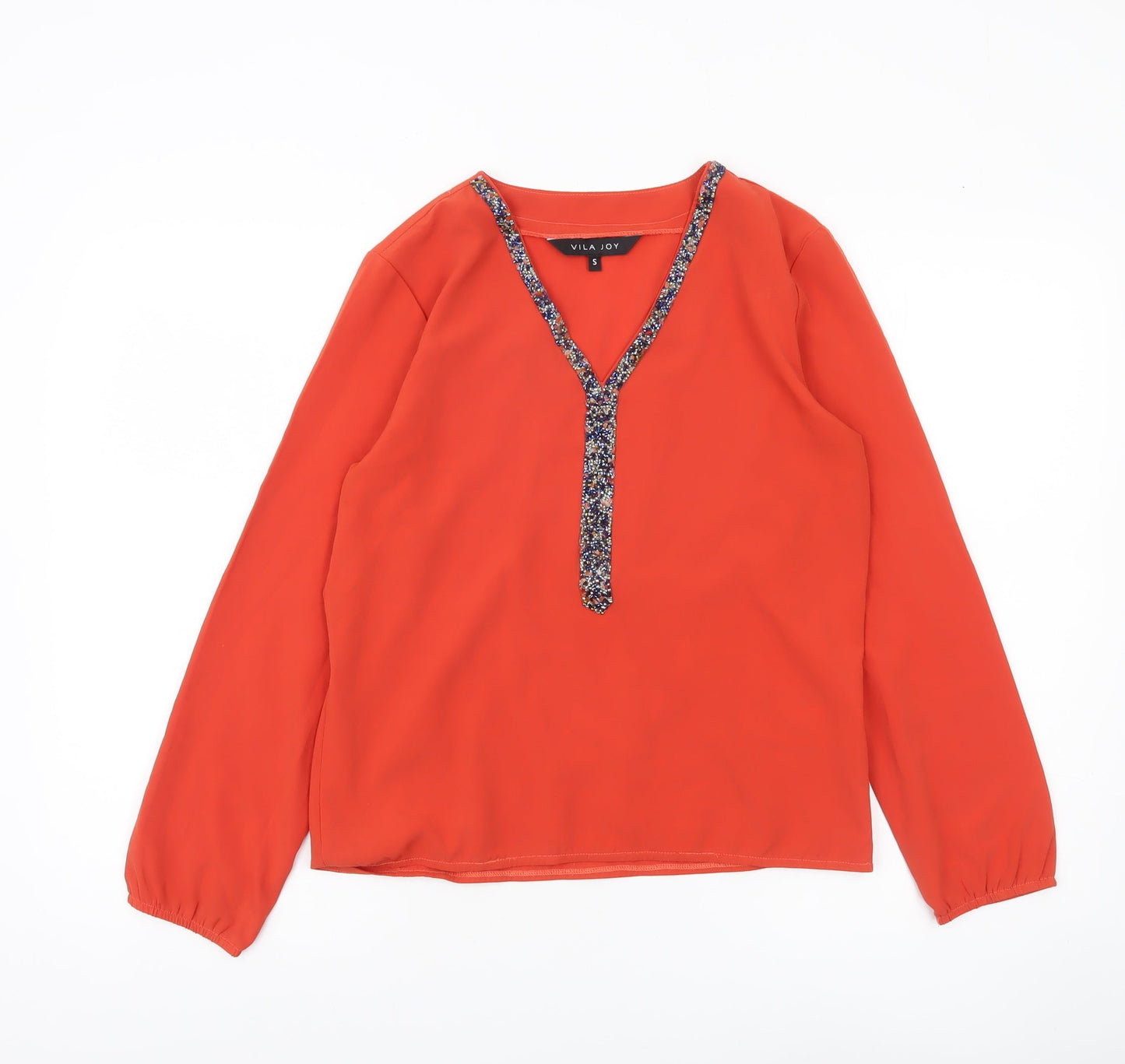 Vila Joy Womens Red V-Neck Beaded Tunic Blouse Size S