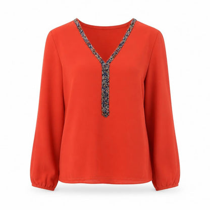 Vila Joy Womens Red V-Neck Beaded Tunic Blouse Size S