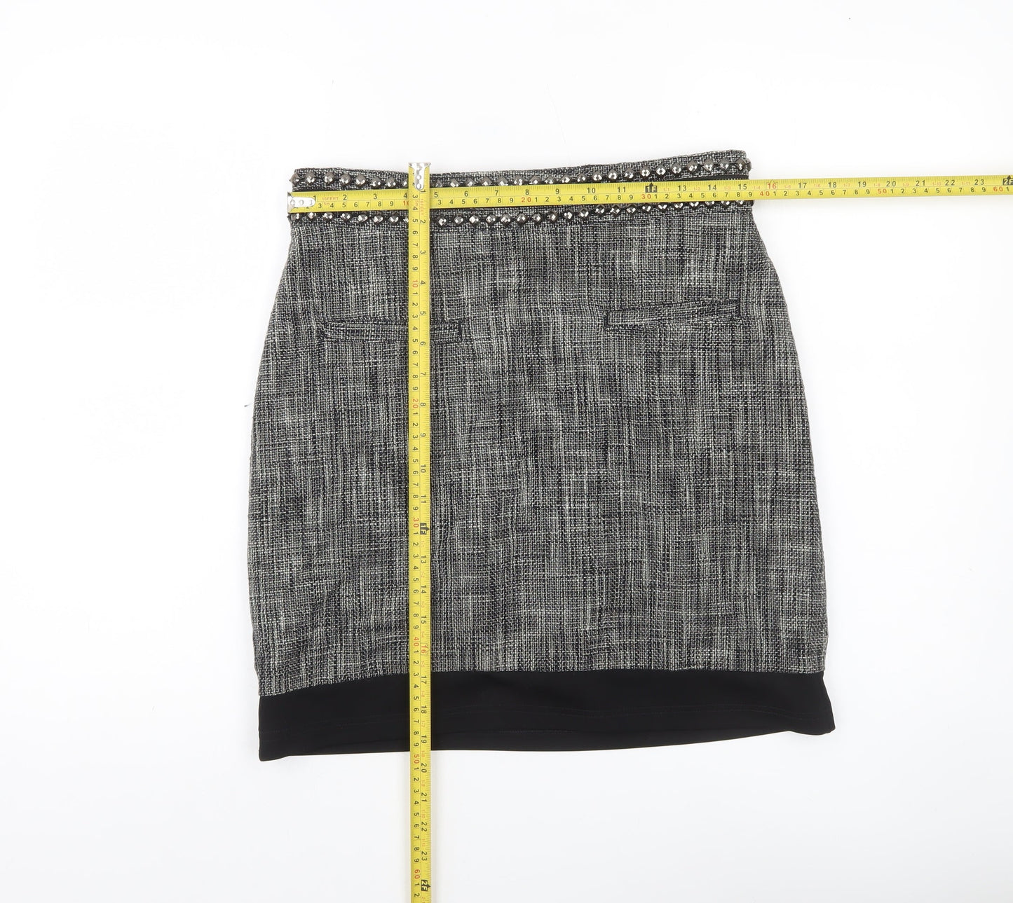 H&M Women Grey Size 12 Tweed Pencil Skirt Lined Studded Workwear