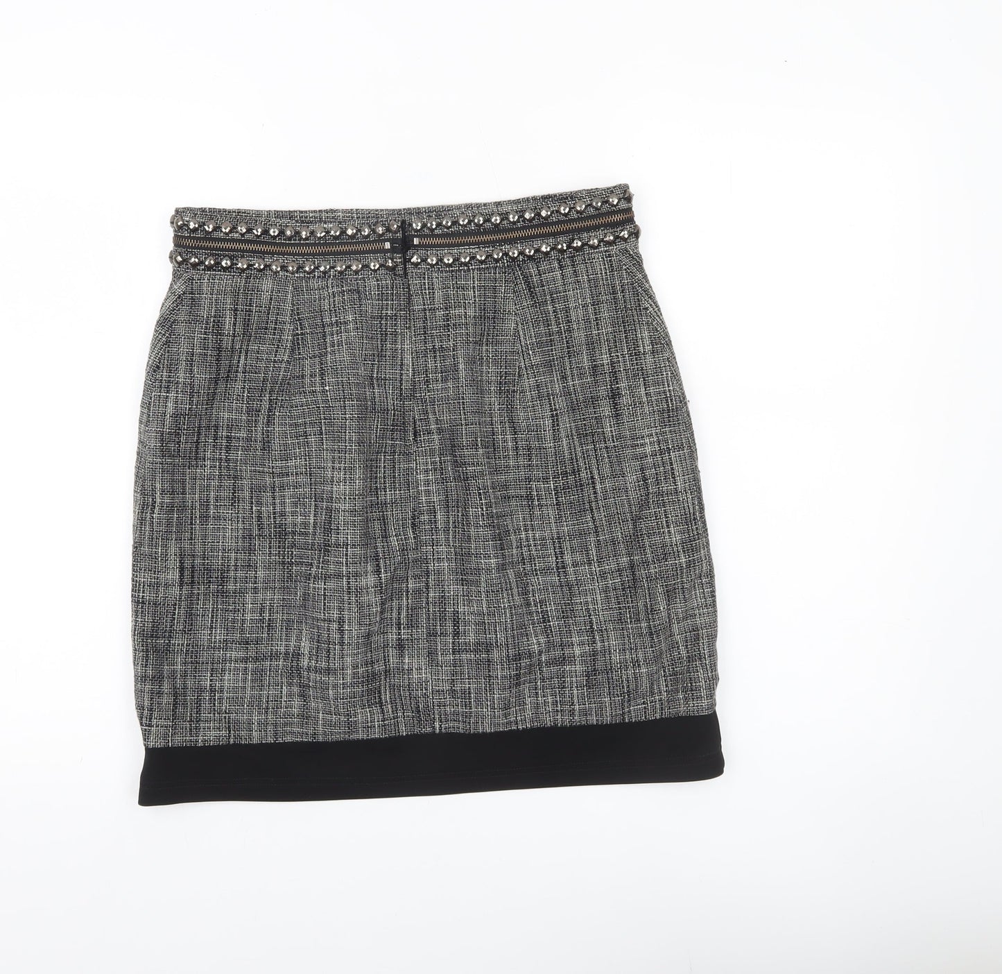H&M Women Grey Size 12 Tweed Pencil Skirt Lined Studded Workwear