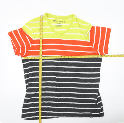 Aeropostale Men’s Multicoloured Striped 2XL V-Neck Cotton T-Shirt