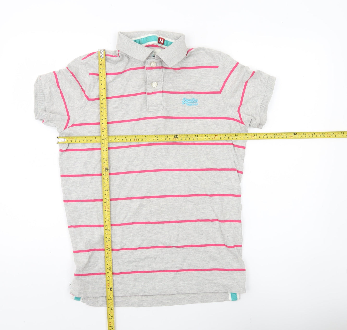 Superdry Men’s Grey Striped Polo Shirt M Short Sleeve Cotton Blend
