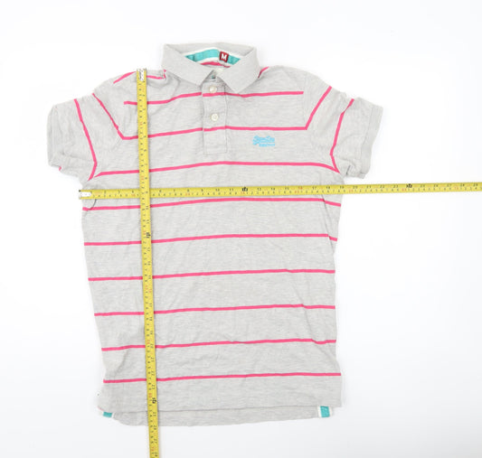 Superdry Men’s Grey Striped Polo Shirt M Short Sleeve Cotton Blend