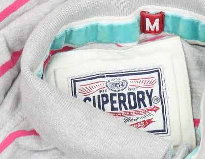 Superdry Men’s Grey Striped Polo Shirt M Short Sleeve Cotton Blend