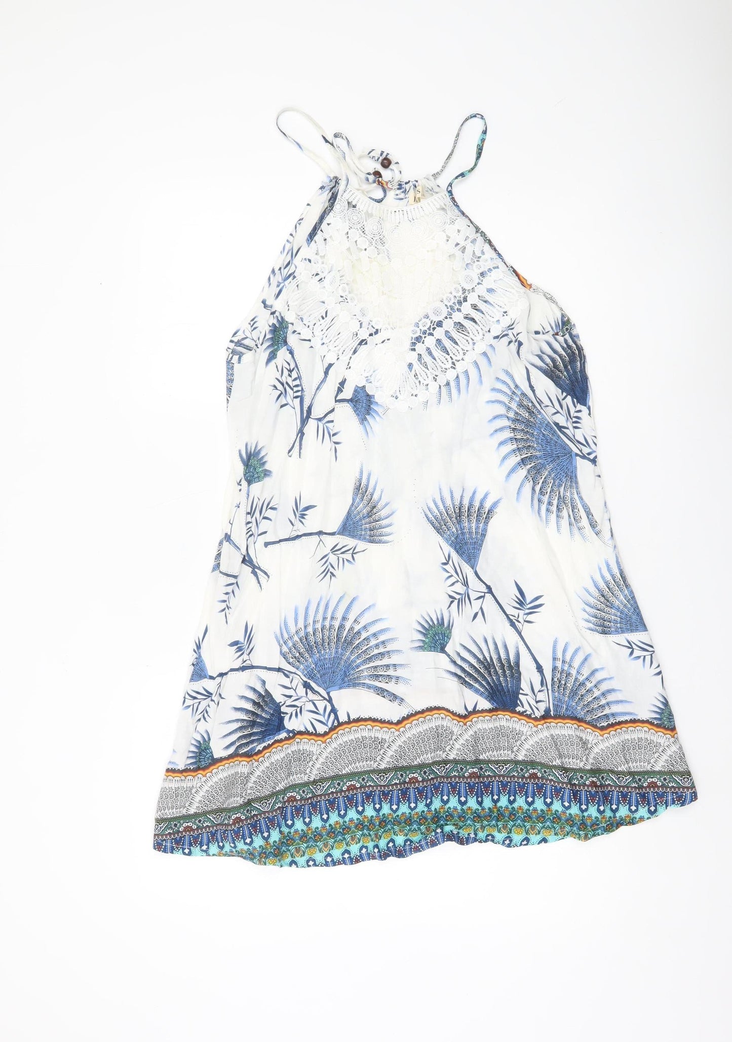 J. Stars Womens White Blue Floral Halter Slip Dress L/XL Summer Boho Beach