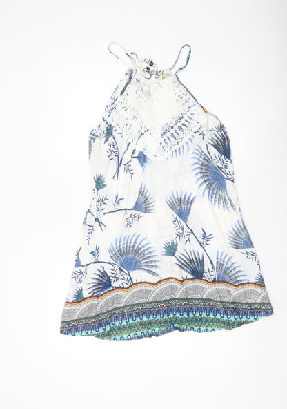 J. Stars Womens White Blue Floral Halter Slip Dress L/XL Summer Boho Beach