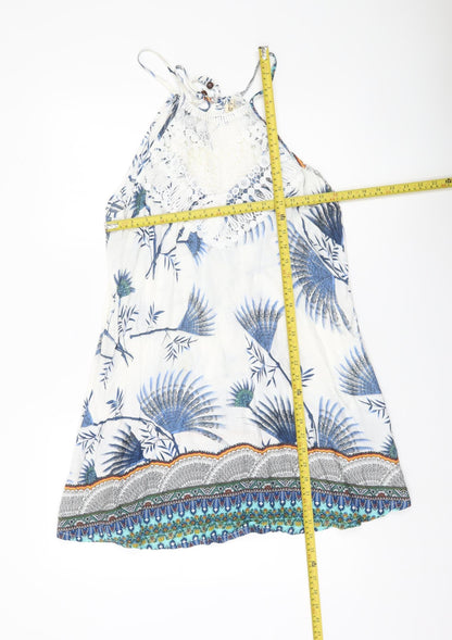 J. Stars Womens White Blue Floral Halter Slip Dress L/XL Summer Boho Beach