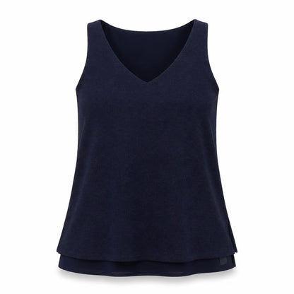 Front view of Dunnes women’s blue v-neck sleeveless tank top, size S