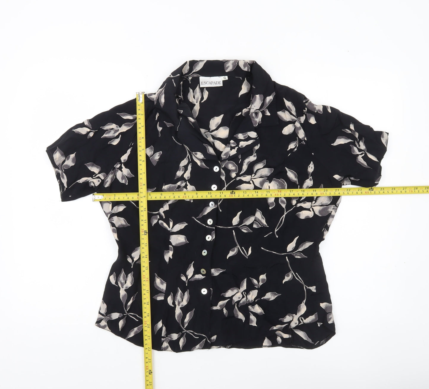 Escapade Womens Black Floral Button-Up Blouse Size 16