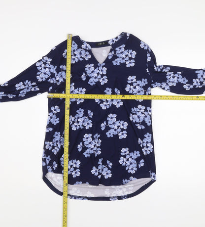 Ellie B Womens Blue Floral Tunic Blouse Size S 3/4 Sleeve V-Neck