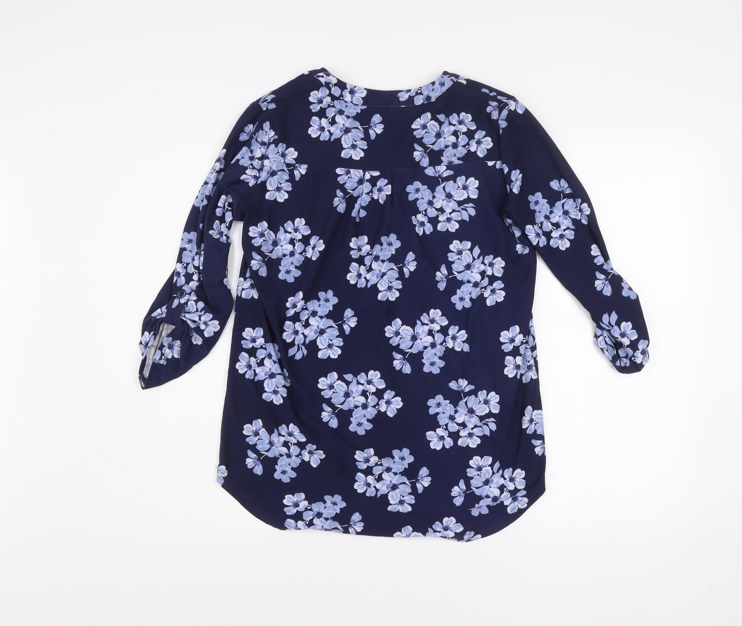 Ellie B Womens Blue Floral Tunic Blouse Size S 3/4 Sleeve V-Neck