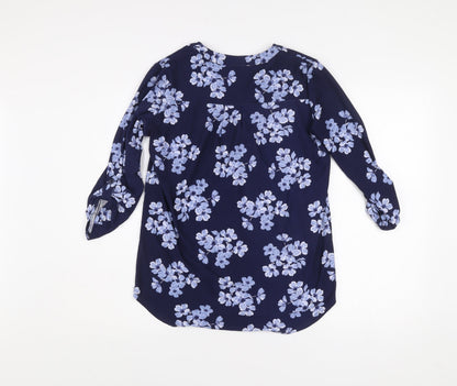 Ellie B Womens Blue Floral Tunic Blouse Size S 3/4 Sleeve V-Neck