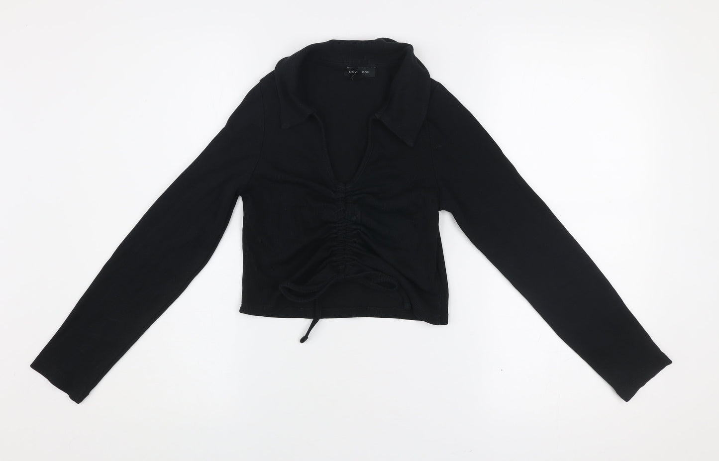 New Look Womens Black Size 12 Collared Cropped Ruched Blouse Top