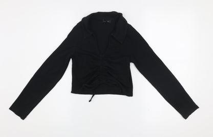 New Look Womens Black Size 12 Collared Cropped Ruched Blouse Top