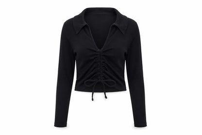 New Look Womens Black Size 12 Collared Cropped Ruched Blouse Top