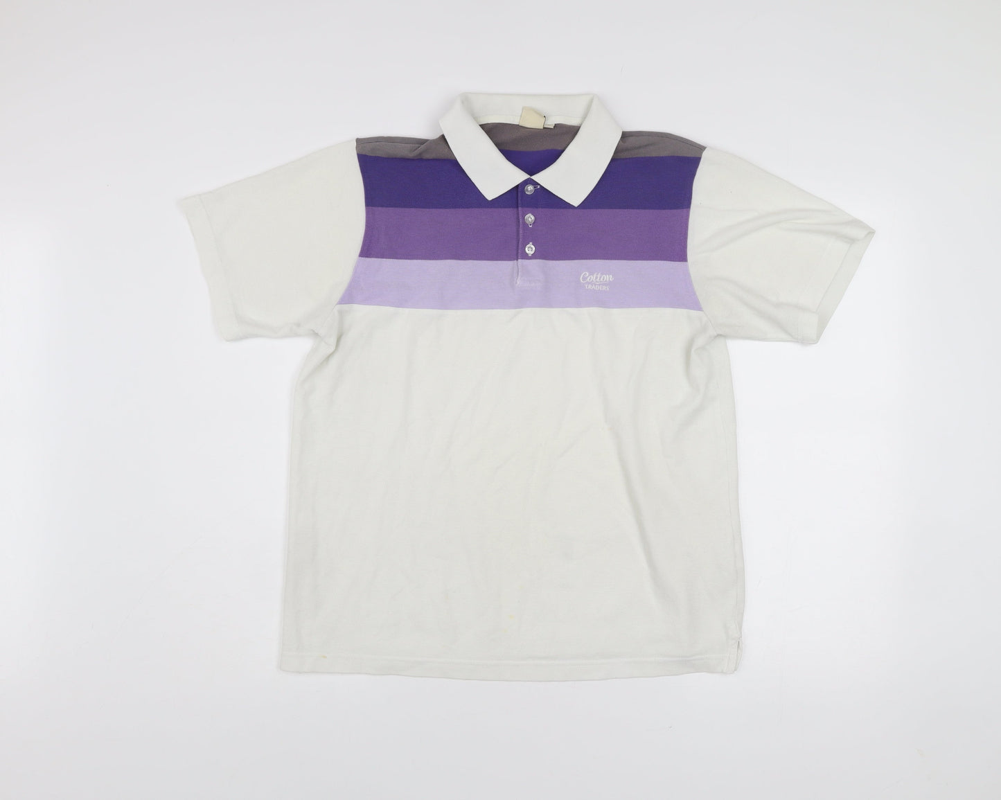 Cotton Traders Men’s White Purple Striped Polo Shirt Size M Short Sleeve