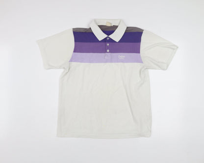 Cotton Traders Men’s White Purple Striped Polo Shirt Size M Short Sleeve