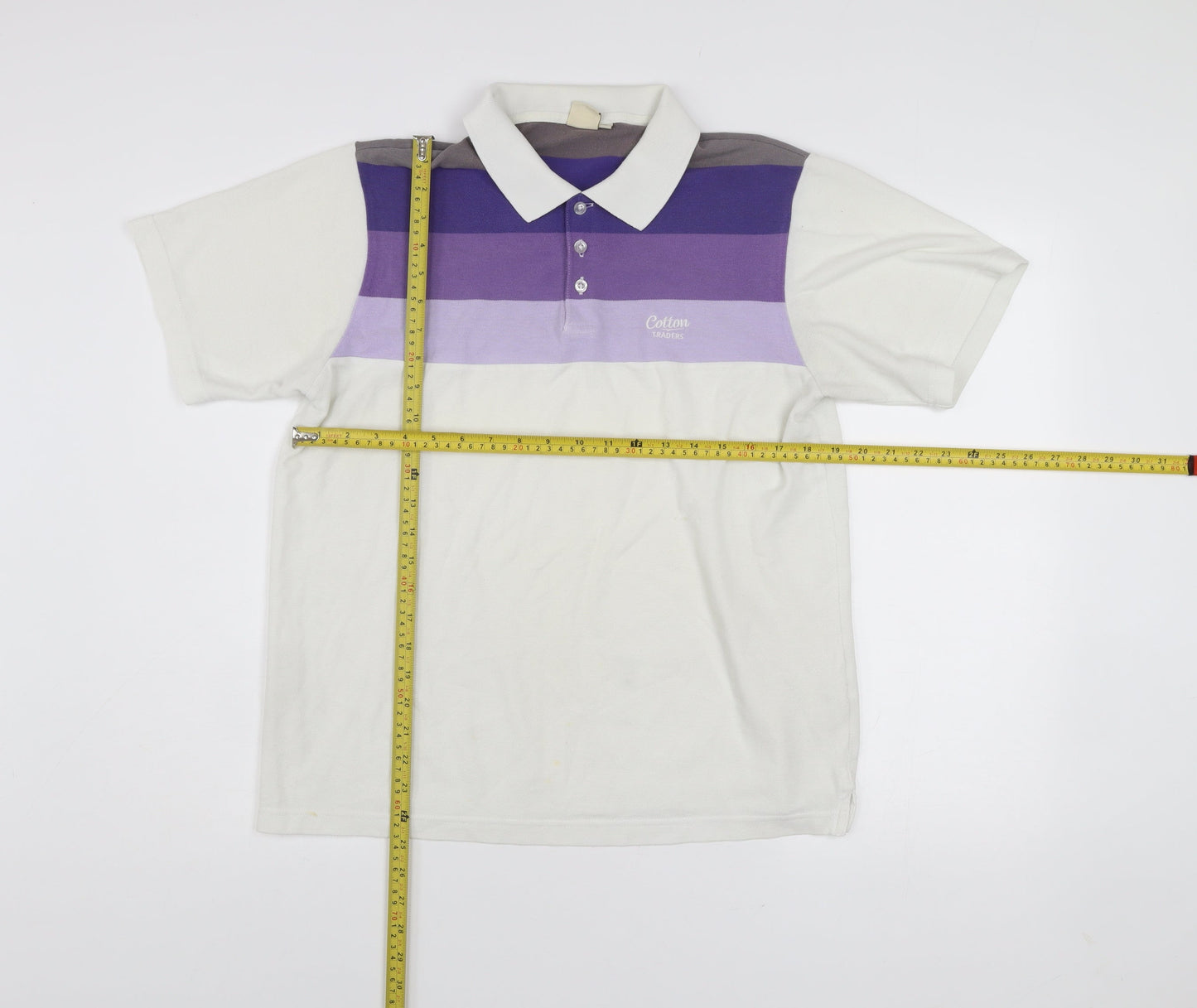 Cotton Traders Men’s White Purple Striped Polo Shirt Size M Short Sleeve
