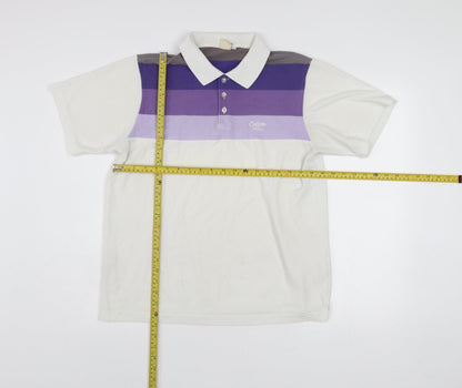 Cotton Traders Men’s White Purple Striped Polo Shirt Size M Short Sleeve