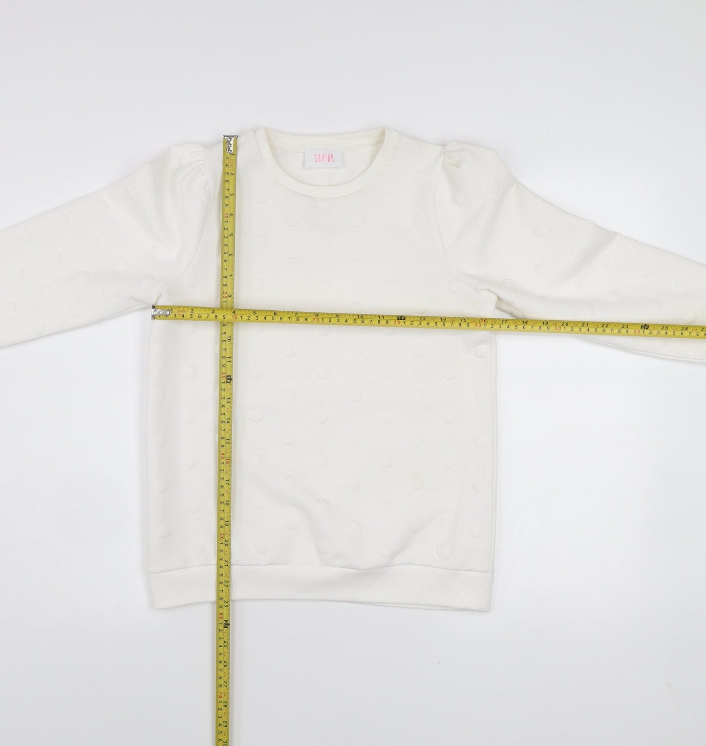 Savida Women Ivory XS Pullover Jumper Crew Neck Polka Dot Puff Sleeve