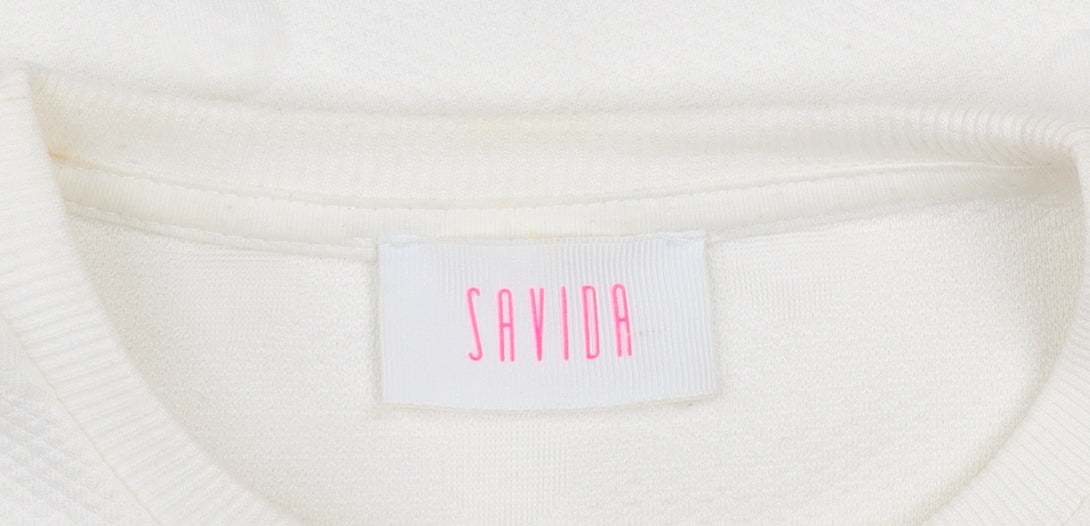 Savida Women Ivory XS Pullover Jumper Crew Neck Polka Dot Puff Sleeve
