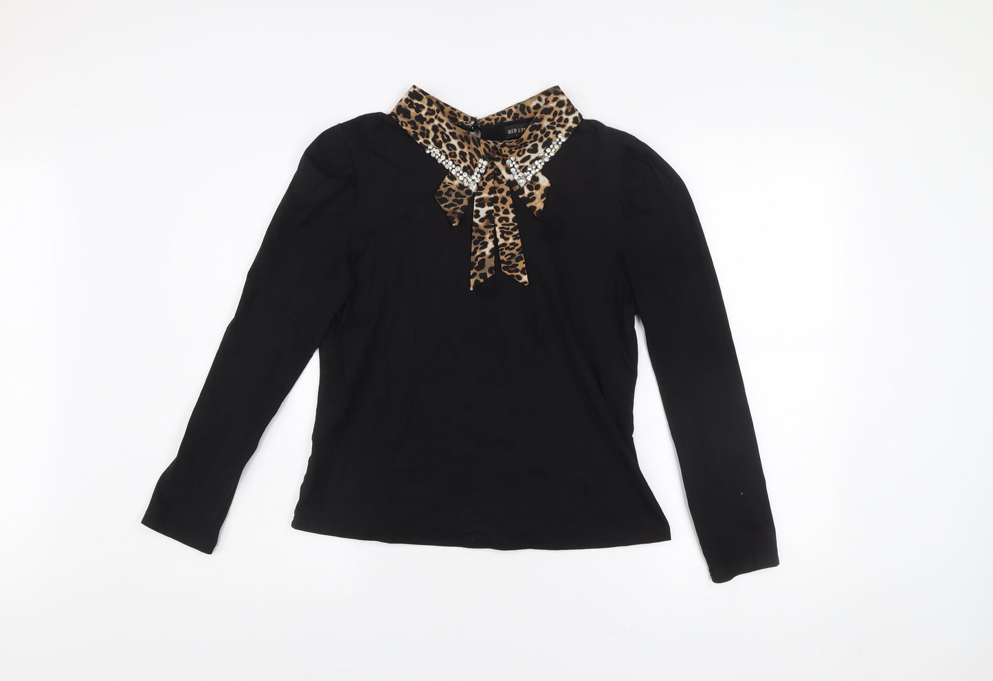 QED London Women Black Leopard Collar Beaded Bow Long Sleeve Blouse L