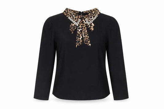 QED London Women Black Leopard Collar Beaded Bow Long Sleeve Blouse L
