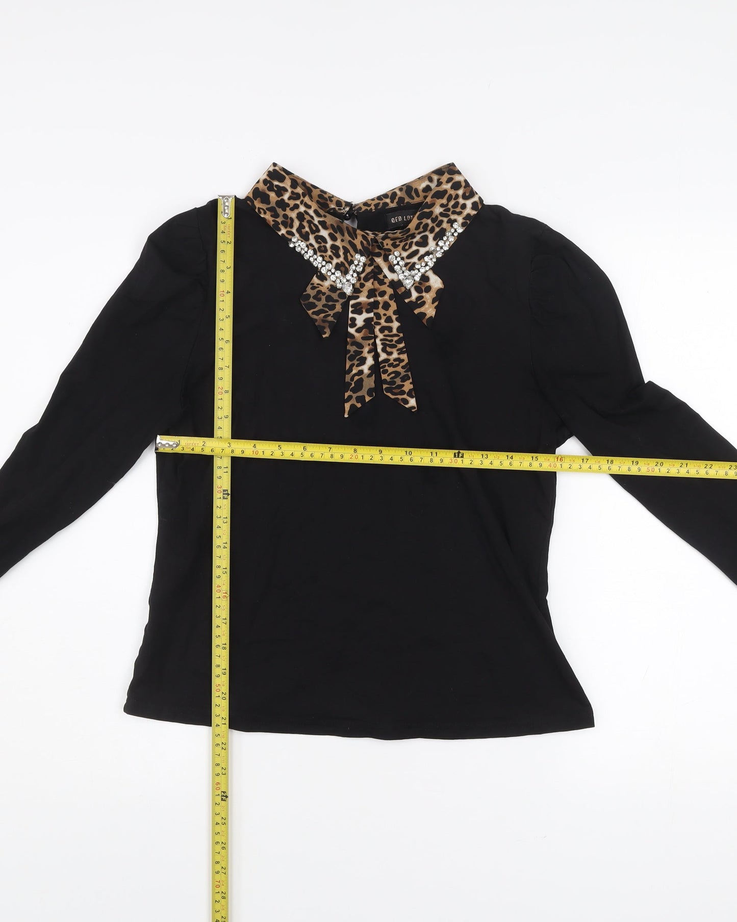 QED London Women Black Leopard Collar Beaded Bow Long Sleeve Blouse L