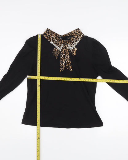 QED London Women Black Leopard Collar Beaded Bow Long Sleeve Blouse L