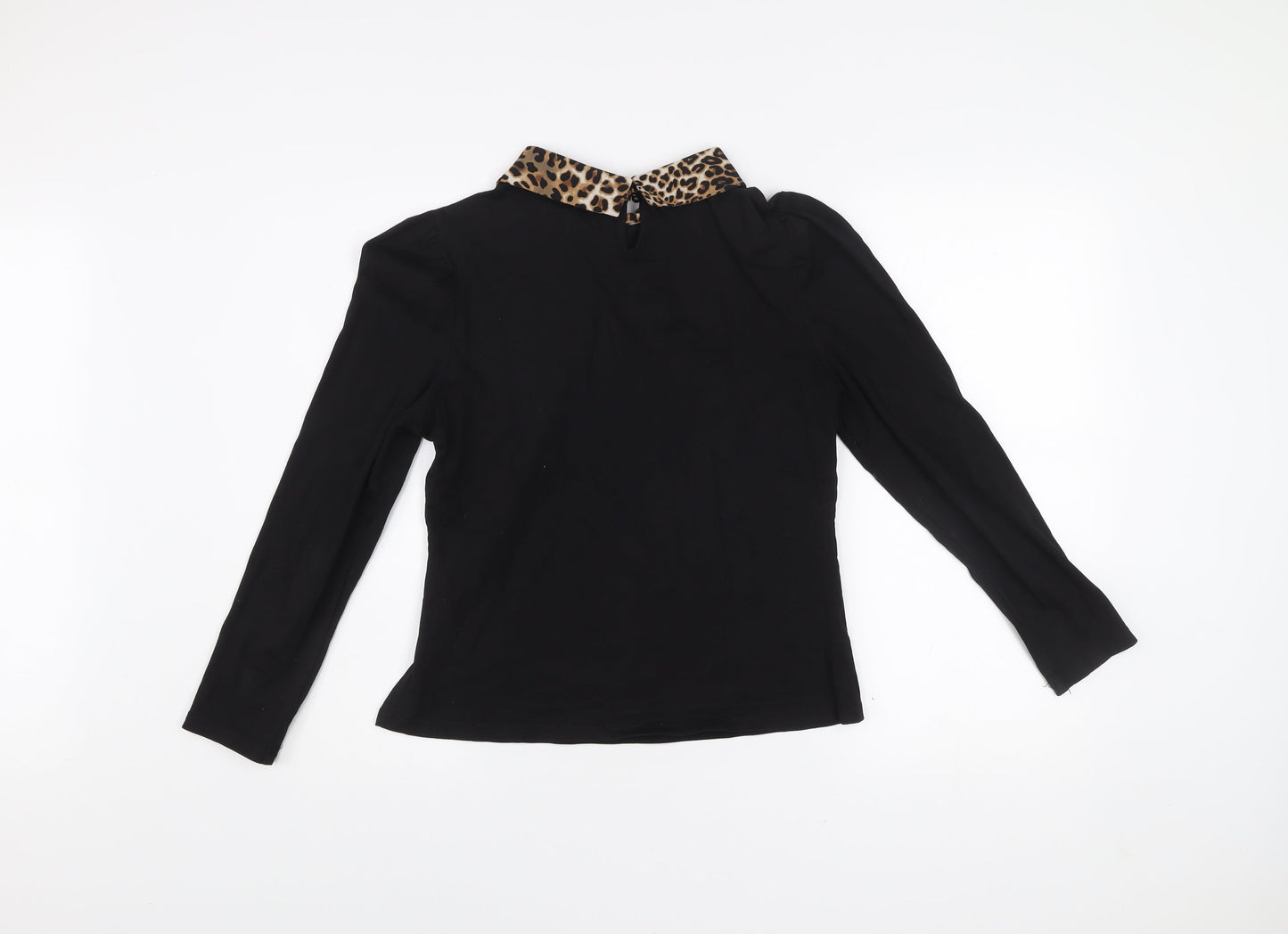 QED London Women Black Leopard Collar Beaded Bow Long Sleeve Blouse L