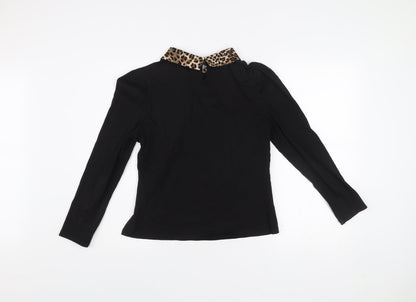 QED London Women Black Leopard Collar Beaded Bow Long Sleeve Blouse L