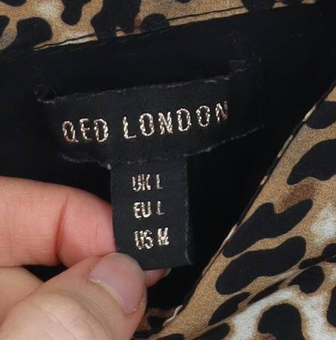 QED London Women Black Leopard Collar Beaded Bow Long Sleeve Blouse L