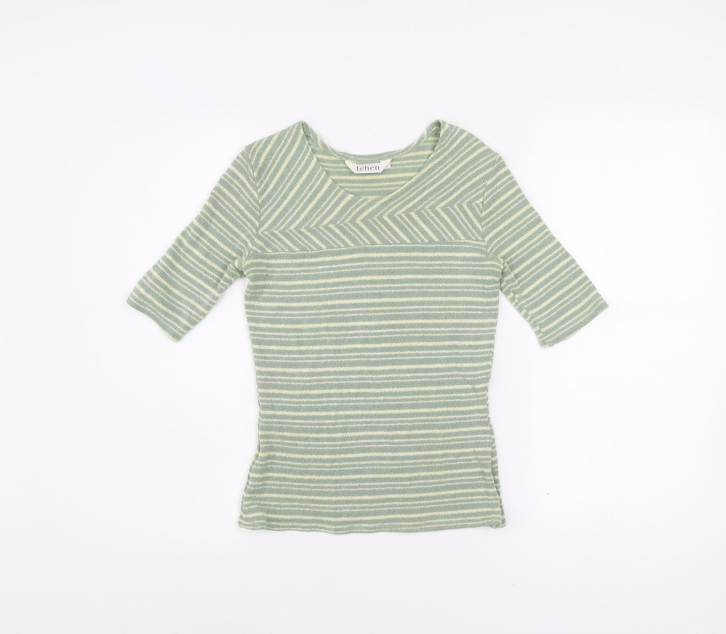 Tehen Womens Green Striped Knit Short Sleeve Scoop Neck T-Shirt Size S