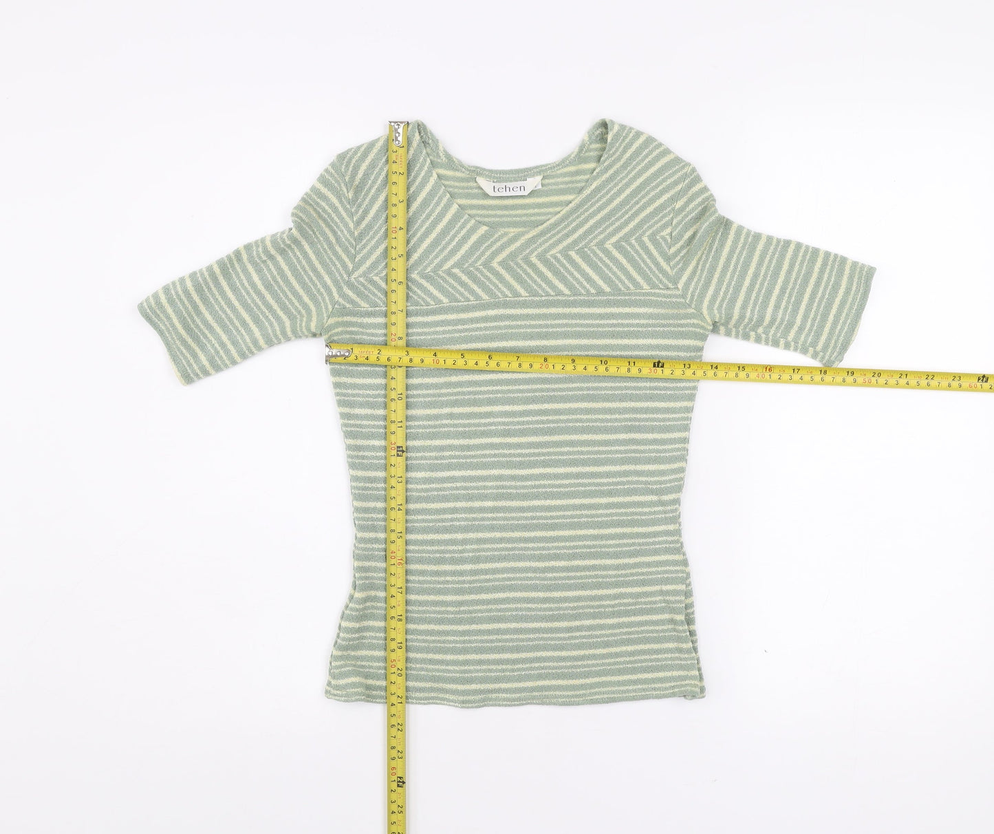 Tehen Womens Green Striped Knit Short Sleeve Scoop Neck T-Shirt Size S