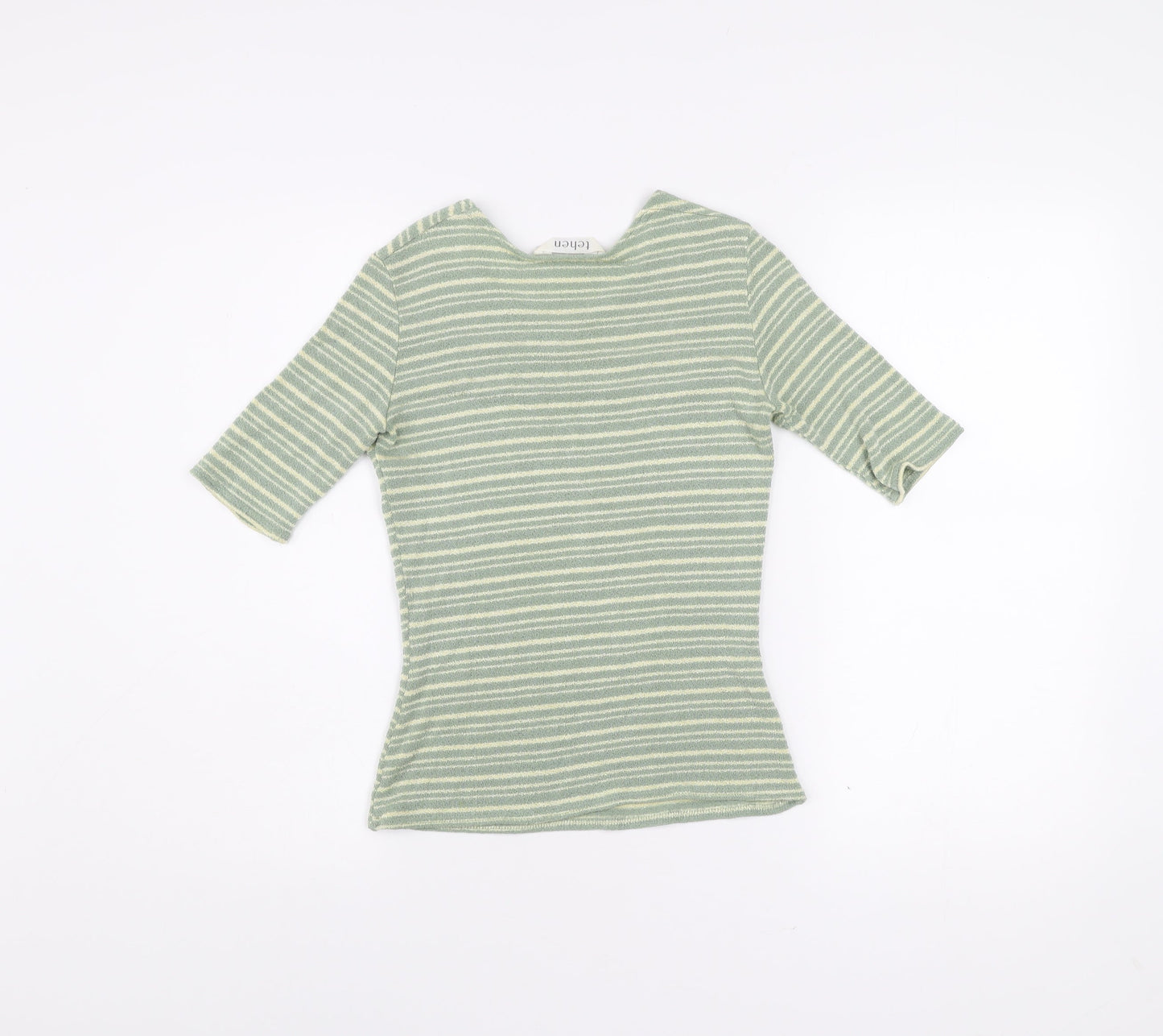 Tehen Womens Green Striped Knit Short Sleeve Scoop Neck T-Shirt Size S