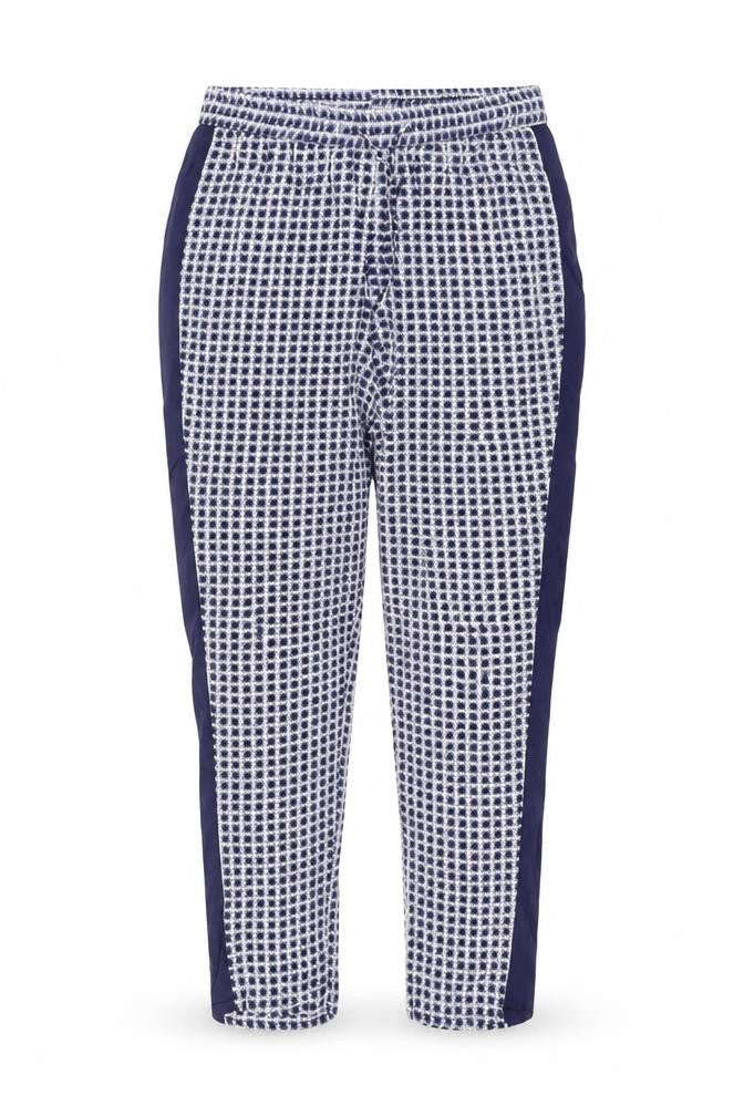 Front view of Atmosphere women’s blue geometric viscose jogger trousers, size UK 10