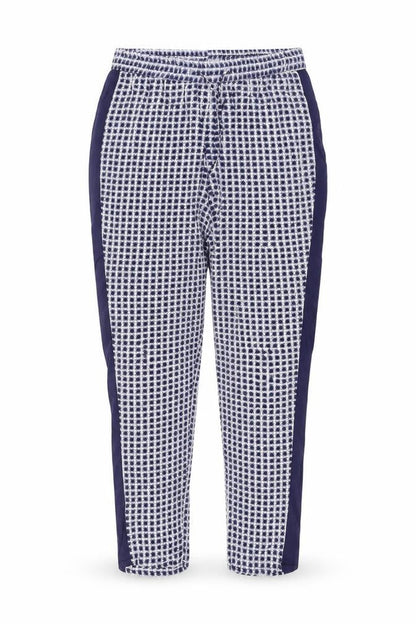 Front view of Atmosphere women’s blue geometric viscose jogger trousers, size UK 10