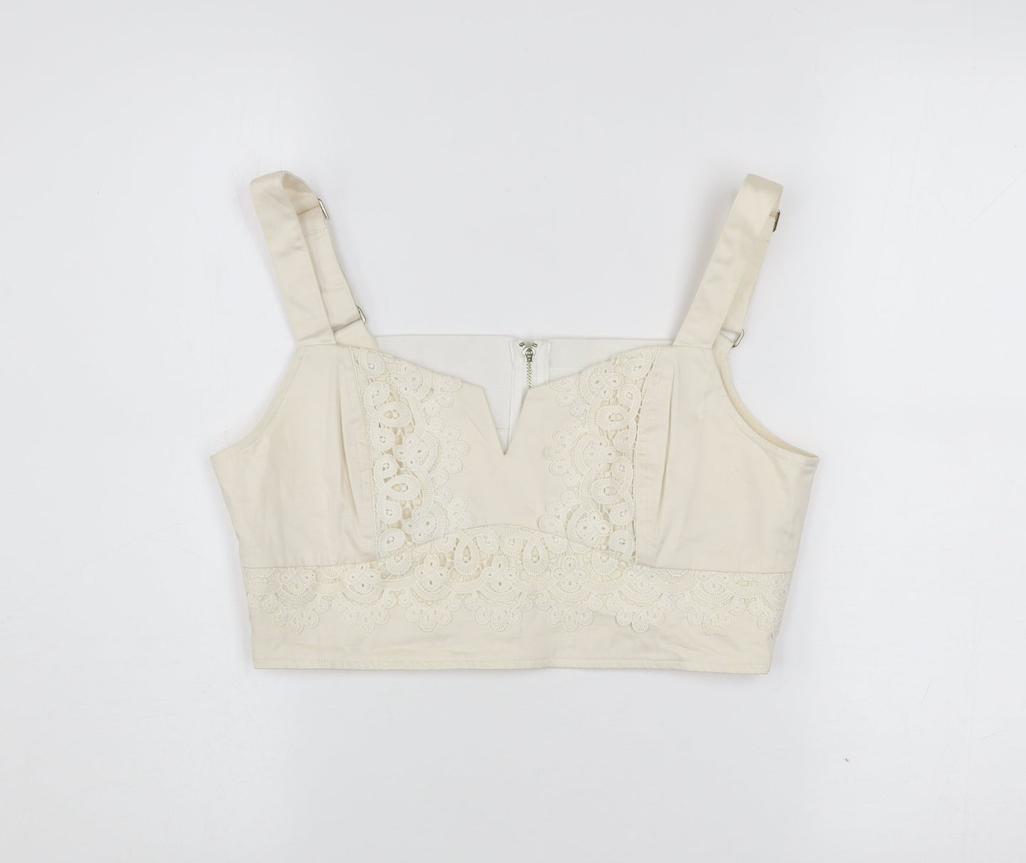 Guess Women Ivory Cropped Blouse M Cotton Lace Zip