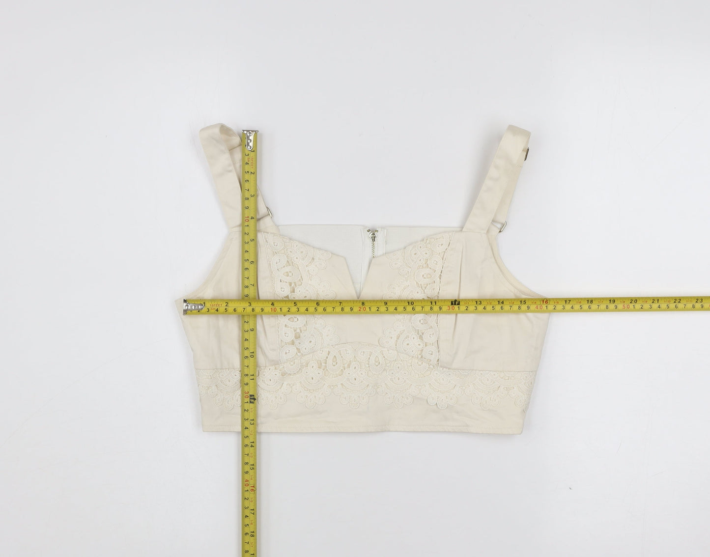 Guess Women Ivory Cropped Blouse M Cotton Lace Zip