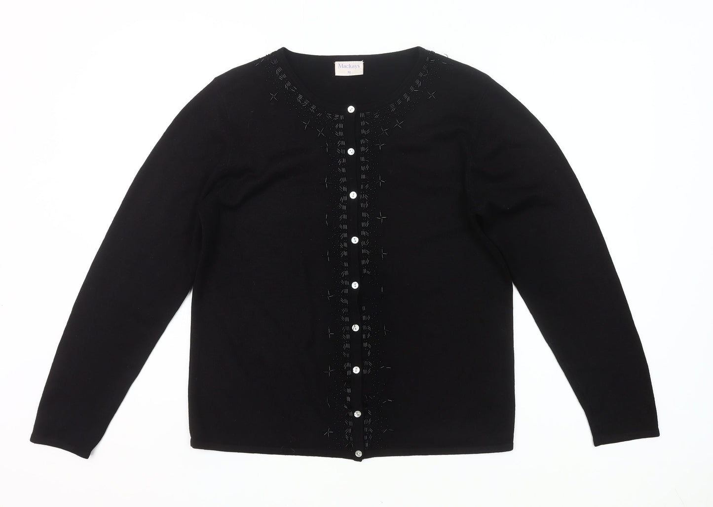 Mackays Women's Black Medium Cardigan Jumper Embroidered Knit Long Sleeve