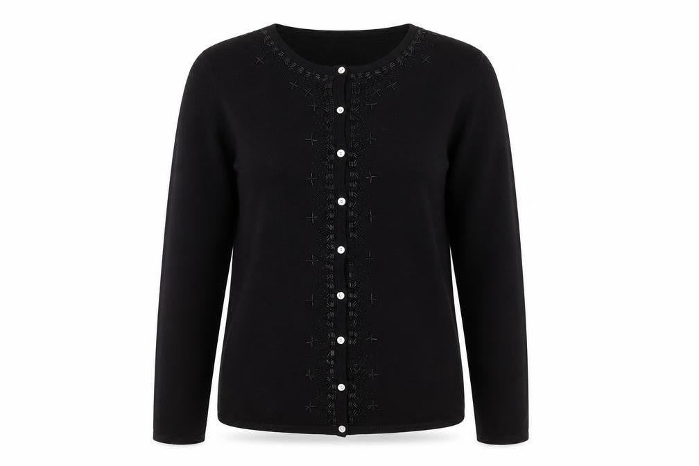 Front view of Mackays Black Medium Cardigan Jumper Embroidered Knit Long Sleeve