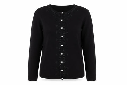 Front view of Mackays Black Medium Cardigan Jumper Embroidered Knit Long Sleeve