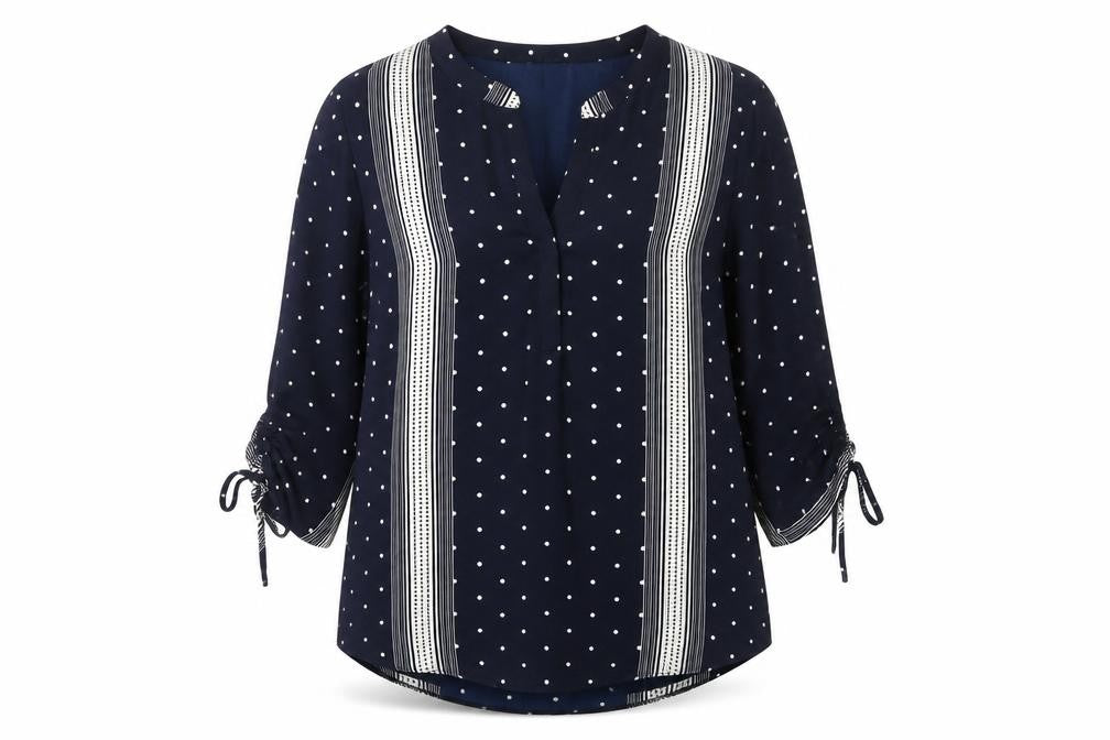 Front view of Principles Women Blue Polka Dot Tunic Blouse, size 18, V-Neck 3/4 Sleeve
