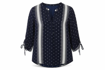 Front view of Principles Women Blue Polka Dot Tunic Blouse, size 18, V-Neck 3/4 Sleeve
