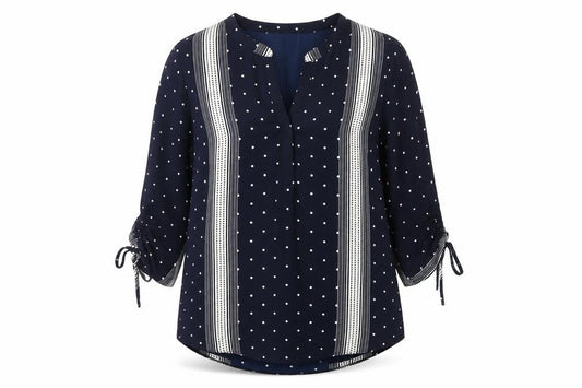 Front view of Principles Women Blue Polka Dot Tunic Blouse, size 18, V-Neck 3/4 Sleeve
